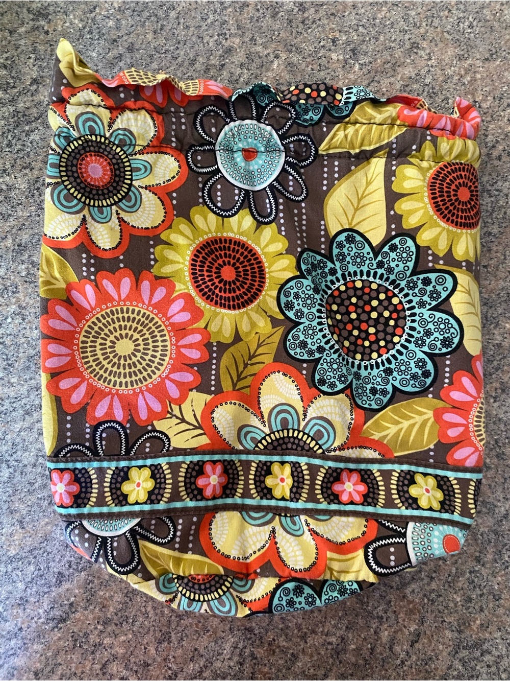 Floral Drawstring Bag in Brown, Yellow, Turquoise & Coral